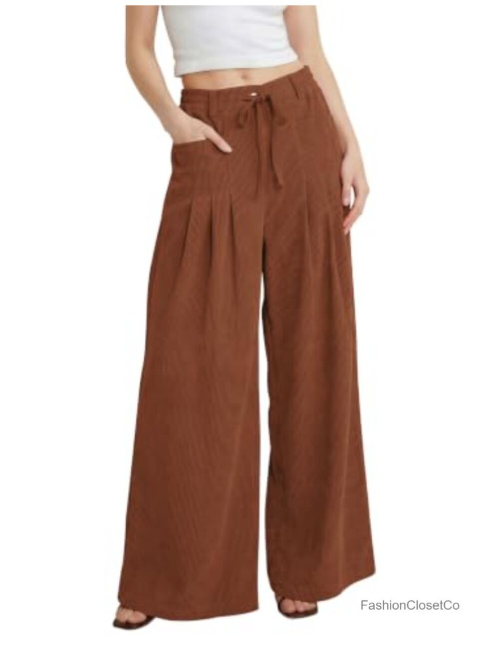 Wide Leg Corduroy Trousers High Rise Button Zip Pants